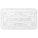 Dakine Peak To Peak Stomp Pad 2025 - A rectangular stomp pad with a white background and a stylized mountain range design in gray at the top, featuring a circular logo above it.