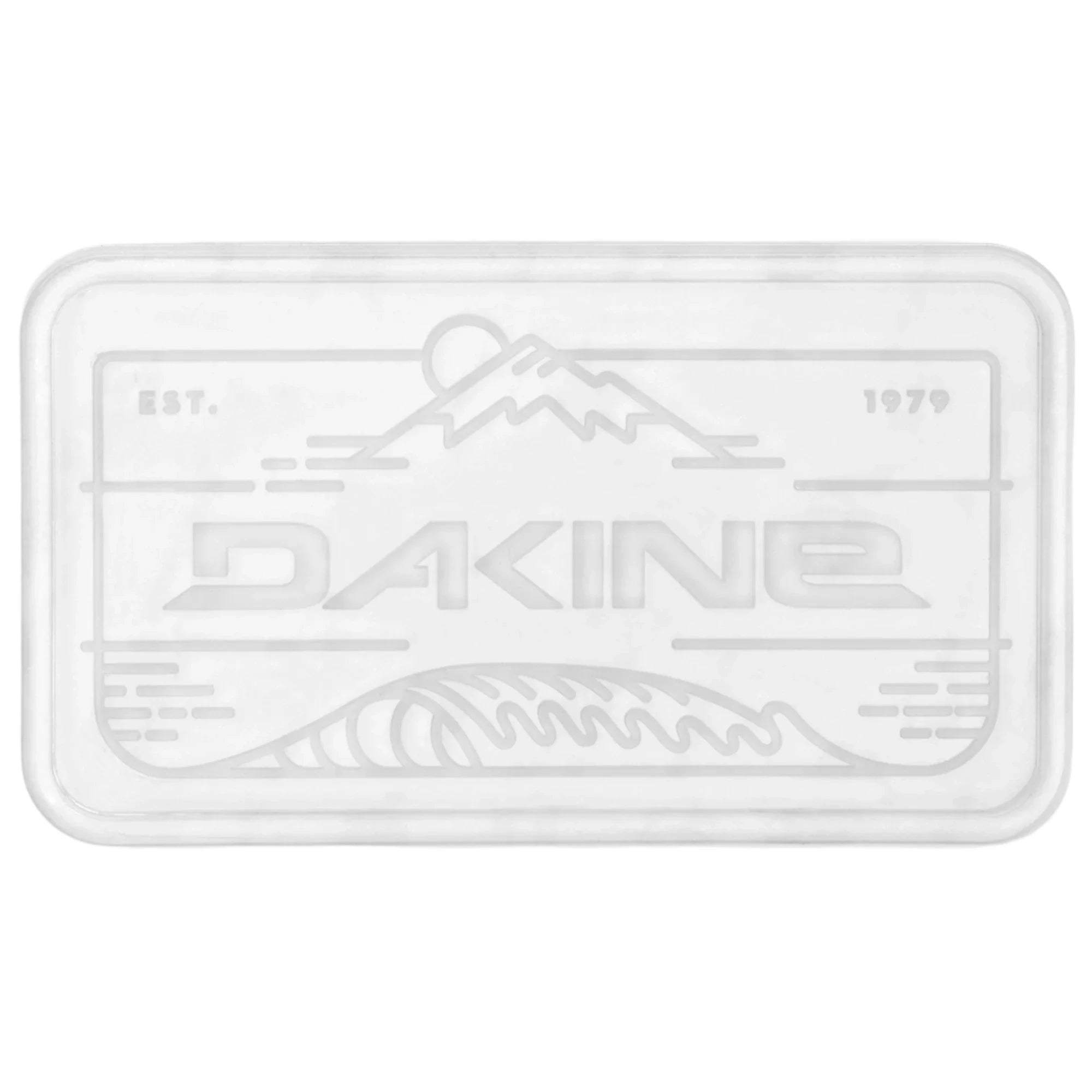 Dakine Peak To Peak Stomp Pad 2025 - A rectangular stomp pad with a white background and a stylized mountain range design in gray at the top, featuring a circular logo above it.