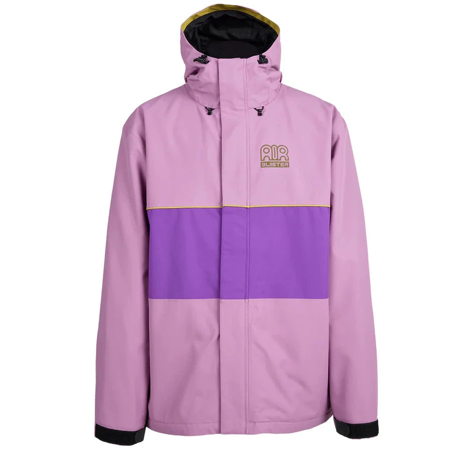 Airblaster Phatstripe Shell Jacket 2025 - A pink and purple striped jacket with a hood, featuring a zipper closure and adjustable cuffs.