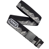 Arcade POW X Joseph Toney Belt 2025 - Black belt with white "POW" logo on the front and a repeating pattern of gray snowflakes along the edges.