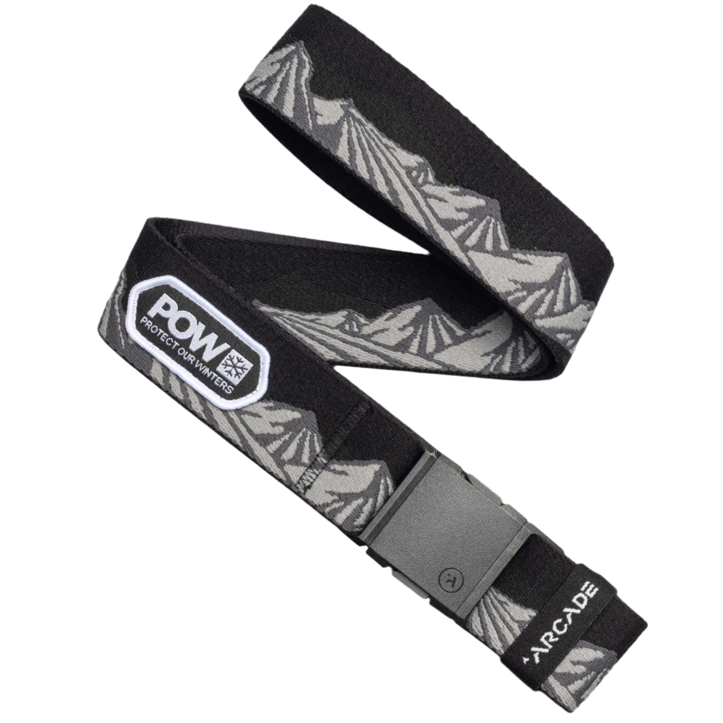 Arcade POW X Joseph Toney Belt 2025 - Black belt with white "POW" logo on the front and a repeating pattern of gray snowflakes along the edges.
