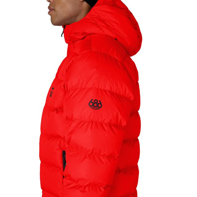 Red puffer down jacket with hood, side profile, small chest logo detail