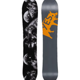 The Yes brand PYL Uninc DCP Xtrm snowboard is black with an orange graphic featuring a wolf silhouette on its front.