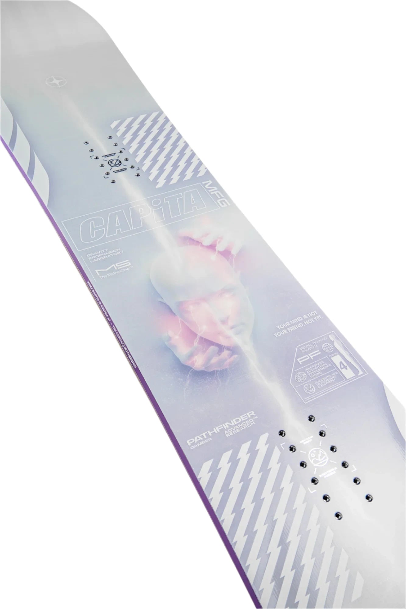 CAPiTA Pathfinder Camber Snowboard 2025 - A snowboard with a light blue background and white diagonal stripes, featuring a large pink heart graphic in the center.