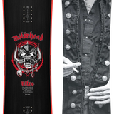 Snowboard with 'Motorhead' design on one side and a black and white portrait of a person on the other, featuring a hat with a skull and crossbones.