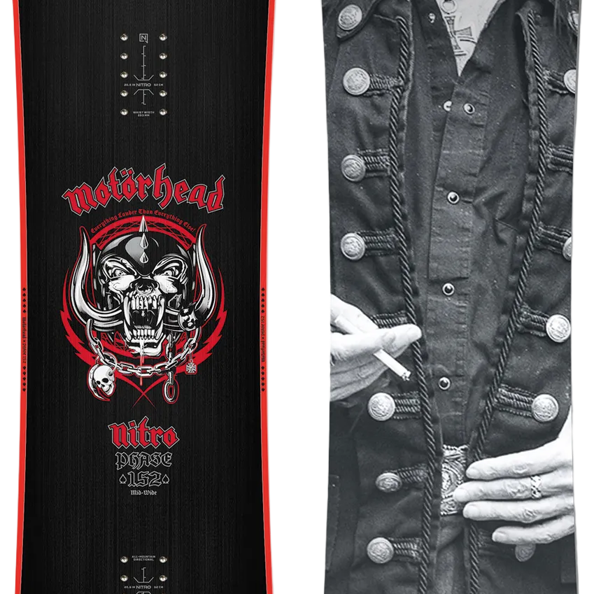 Snowboard with 'Motorhead' design on one side and a black and white portrait of a person on the other, featuring a hat with a skull and crossbones.