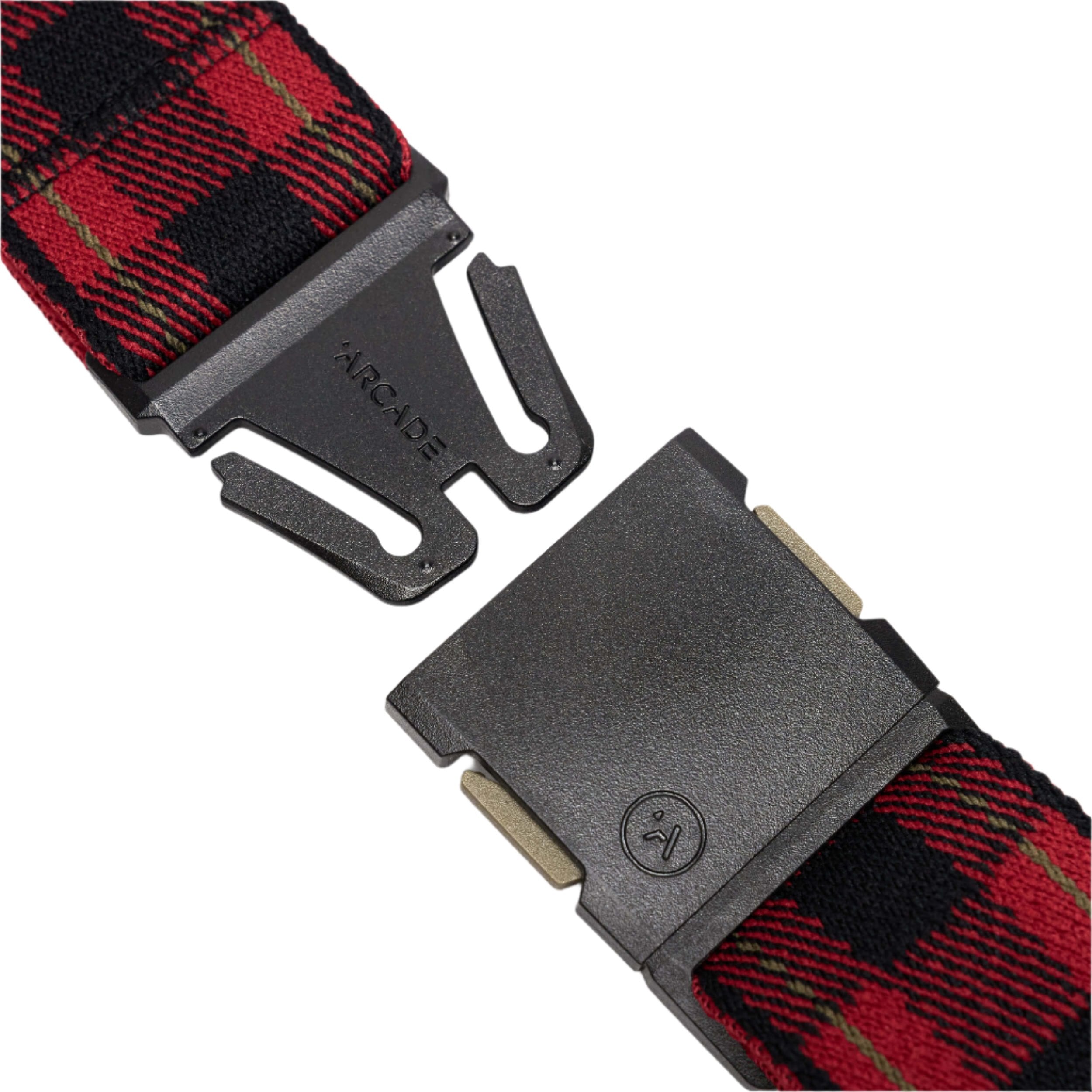Arcade Plaid Stretch Belt 2025 - Red, black, and green plaid pattern on a stretch belt with a dark gray buckle.