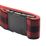Arcade Plaid Stretch Belt 2025 - Red, black, and green plaid pattern on a stretchy belt with silver buckle.