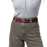 Arcade Plaid Stretch Belt 2025 - Red, black, and white plaid patterned belt with a gray buckle.