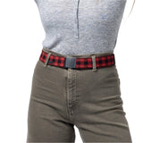 Arcade Plaid Stretch Belt 2025 - Red, black, and white plaid patterned belt with a gray buckle.