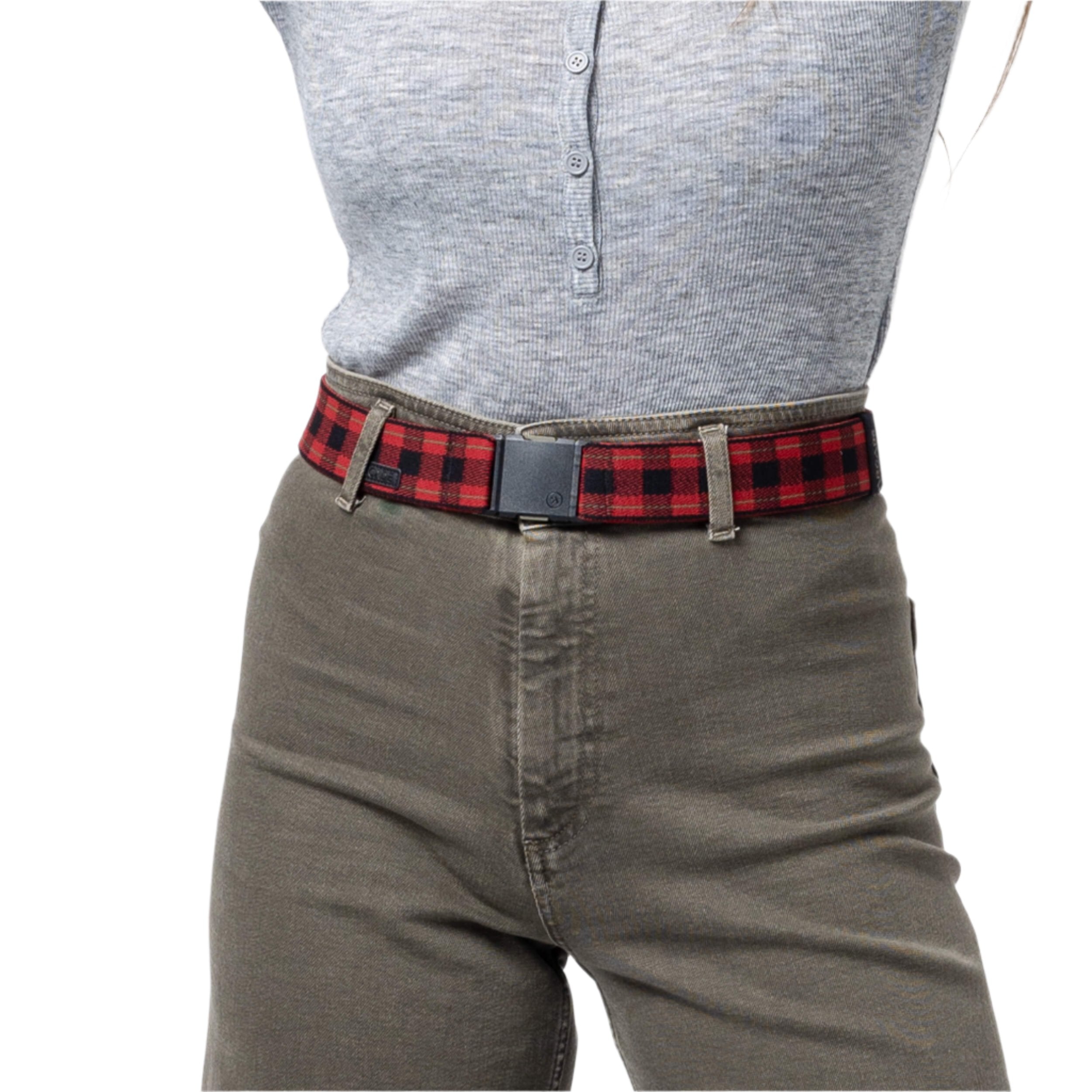Arcade Plaid Stretch Belt 2025 - Red, black, and white plaid patterned belt with a gray buckle.