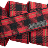 Arcade Plaid Stretch Belt 2025 - Red, black, and green plaid pattern on a red background.