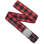 Arcade Plaid Stretch Belt 2025 - Red, black, and green plaid pattern on a stretch belt with silver buckle.