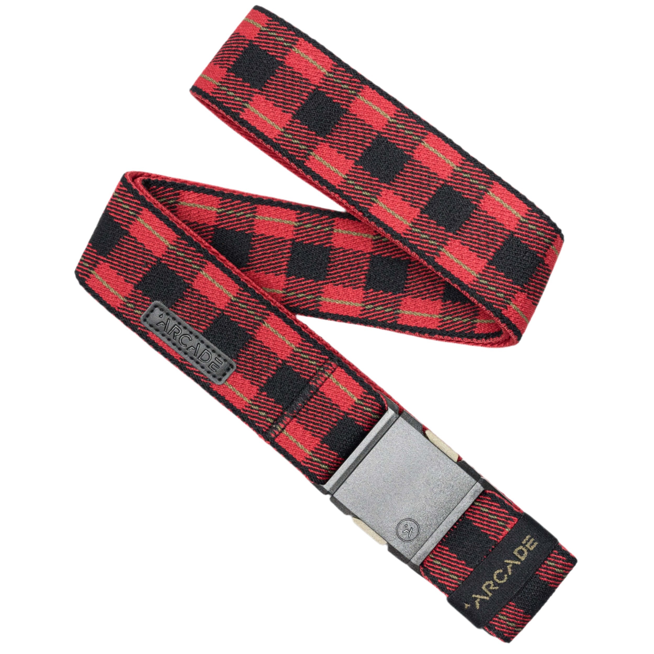 Arcade Plaid Stretch Belt 2025 - Red, black, and green plaid pattern on a stretch belt with silver buckle.