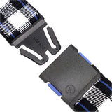 Arcade Plaid Stretch Belt 2025 - Black belt with blue, white, and black plaid pattern.