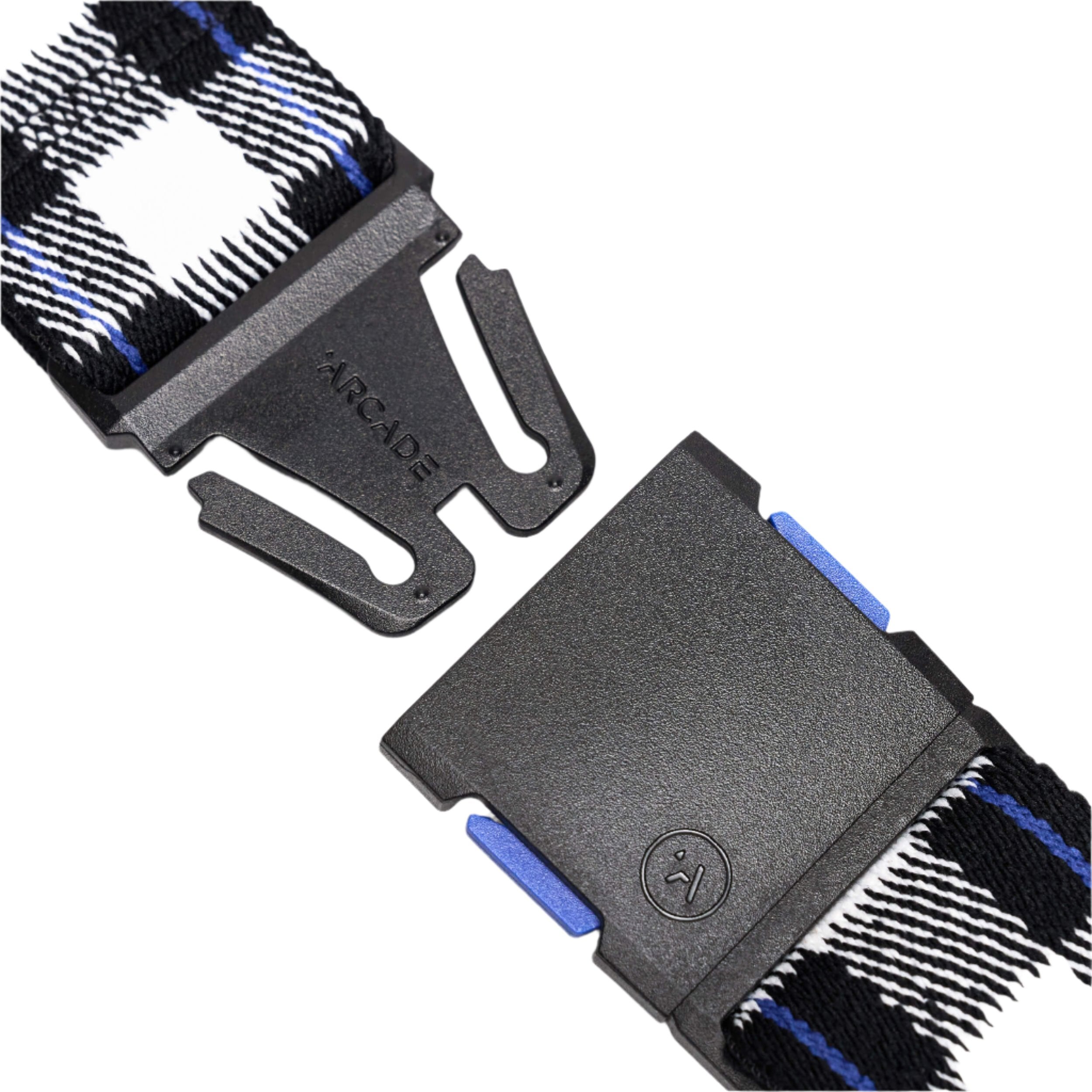 Arcade Plaid Stretch Belt 2025 - Black belt with blue, white, and black plaid pattern.