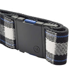 Arcade Plaid Stretch Belt 2025 - Black belt with white and blue plaid pattern.