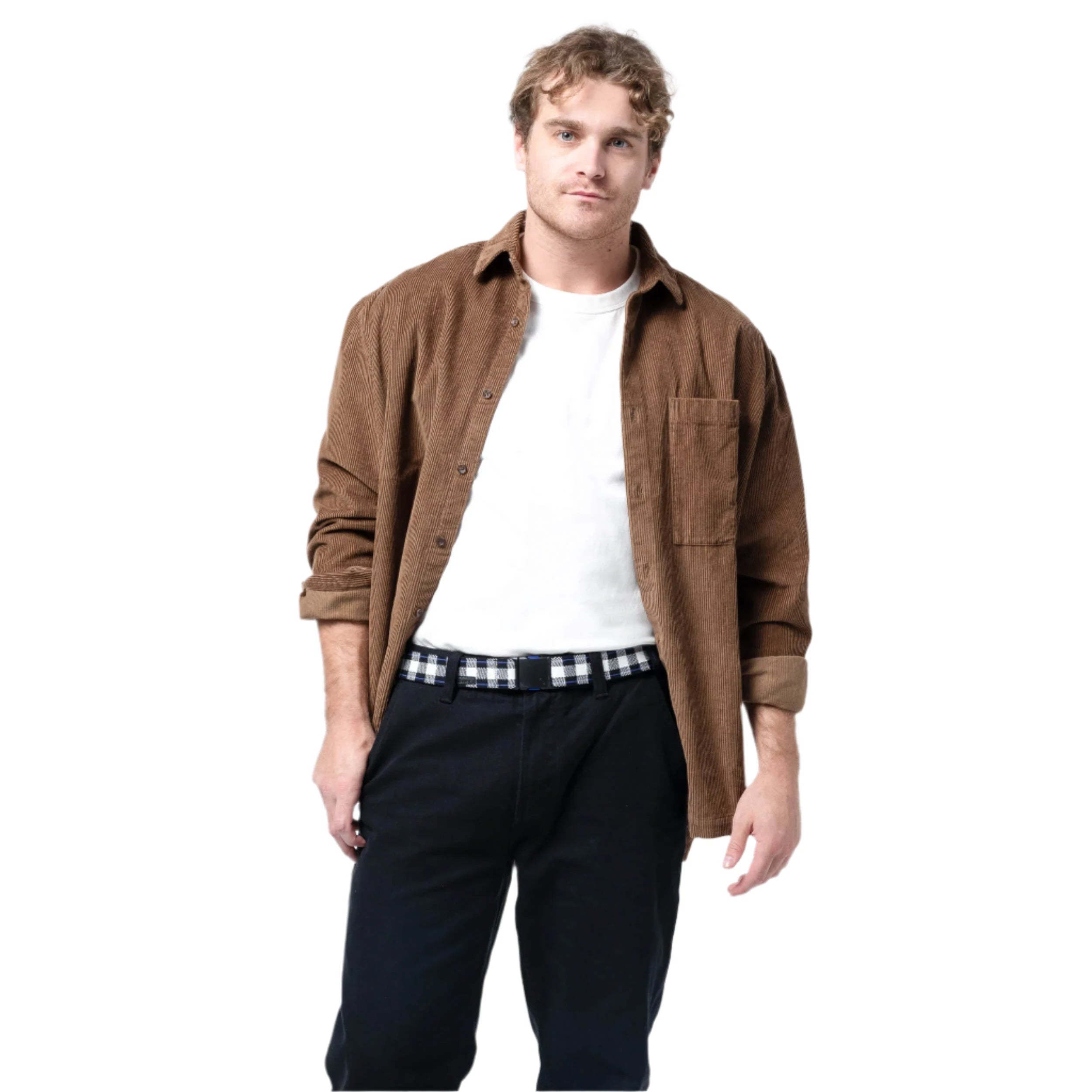 Arcade Plaid Stretch Belt 2025 - A black belt with a white, blue and red plaid pattern.