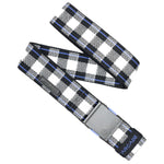 Arcade Plaid Stretch Belt 2025 - Black belt with white and blue plaid pattern.
