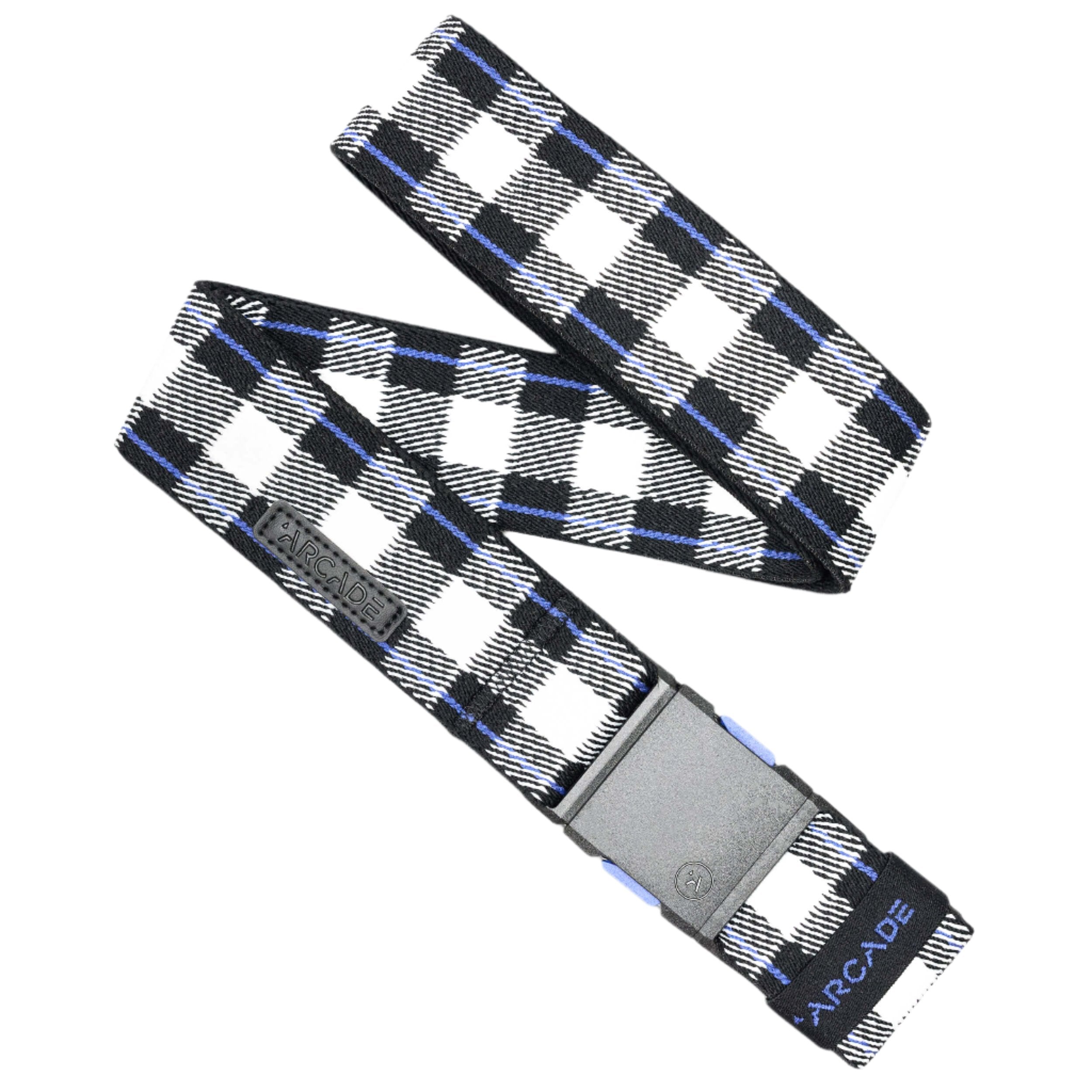 Arcade Plaid Stretch Belt 2025 - Black belt with white and blue plaid pattern.