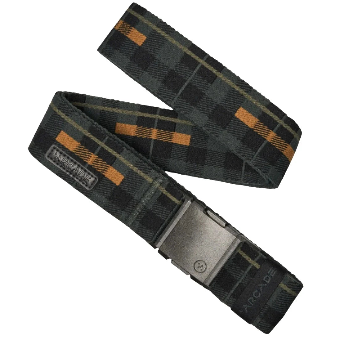 Arcade Plaid Stretch Belt 2024 - A black belt with a plaid pattern in shades of orange and gray.