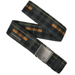 Arcade Plaid Stretch Belt 2024 - A black belt with a plaid pattern in shades of orange and gray.