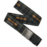 Arcade Plaid Stretch Belt 2024 - A black belt with a plaid pattern in shades of orange and gray.
