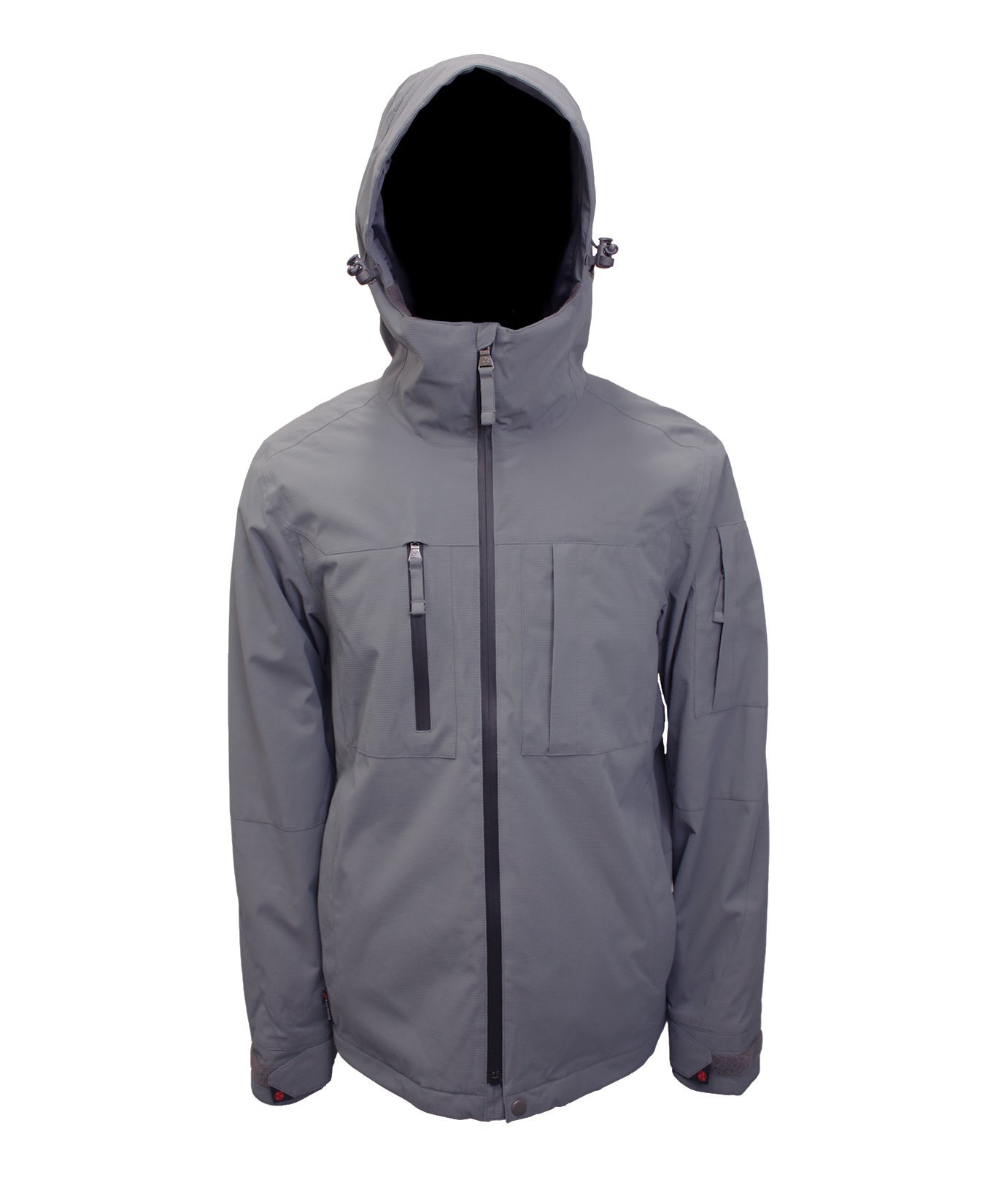 Turbine Planet Insulated Jacket 2025 - A gray jacket with a hood, featuring two zippered pockets on the chest and one zippered pocket on the left arm.