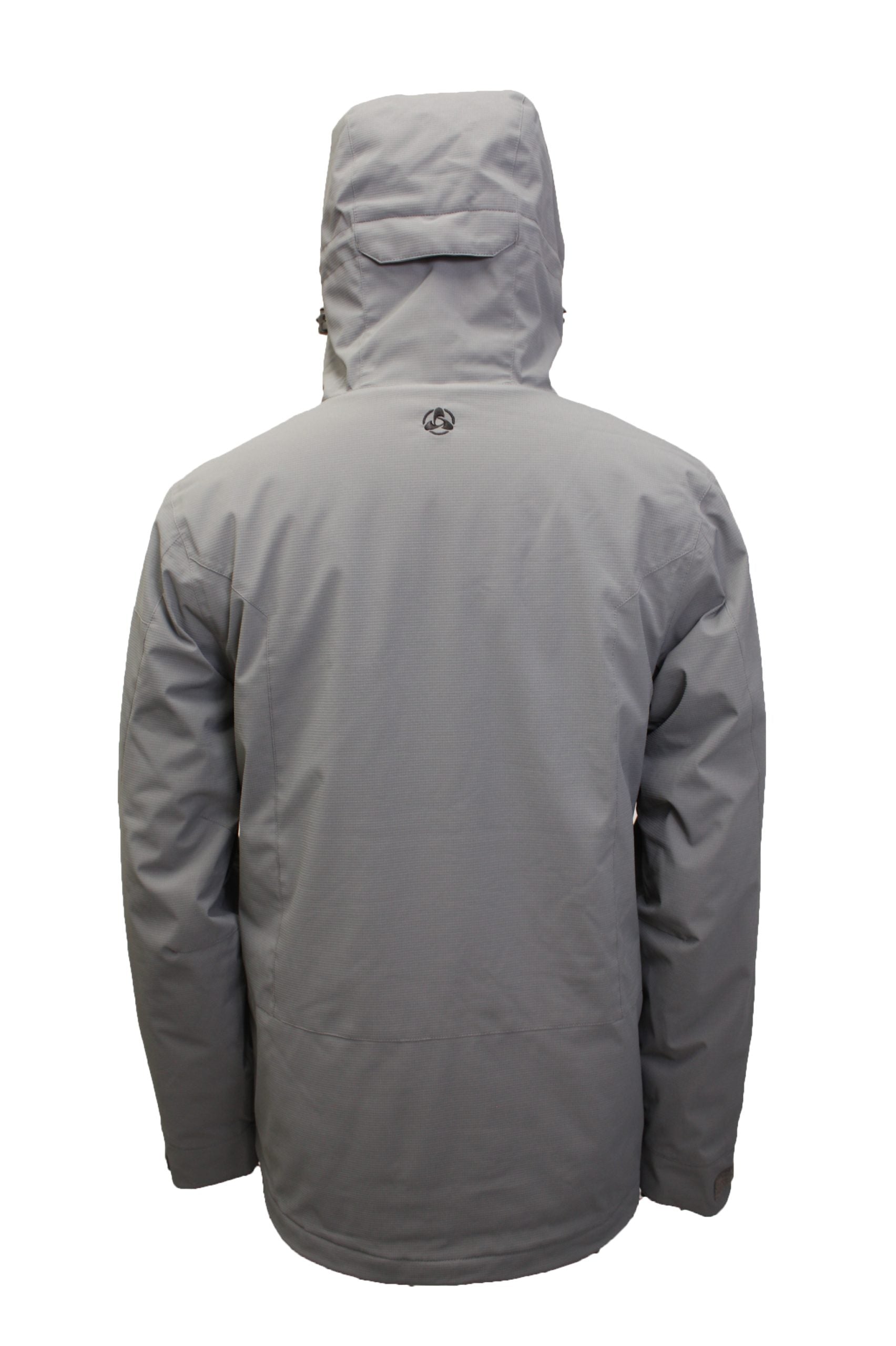 Turbine Planet Insulated Jacket 2025 - A grey jacket with a hood, featuring a small logo on the back and black zippers.