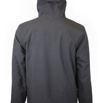 Black insulated jacket with hood, back view