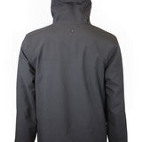 Black insulated jacket with hood, back view