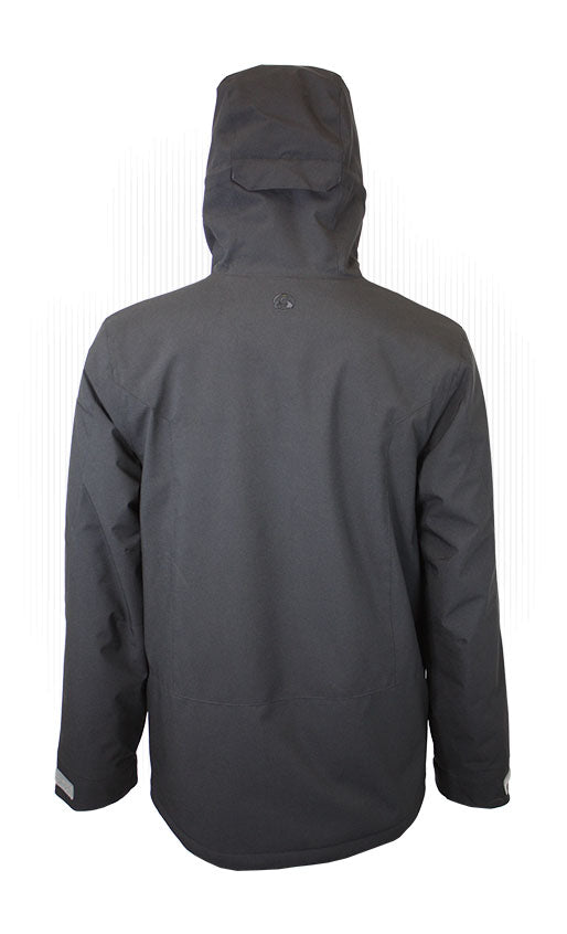 Black insulated jacket with hood, back view