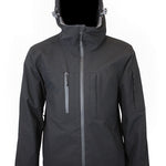 Black insulated jacket with adjustable hood and full-zip front