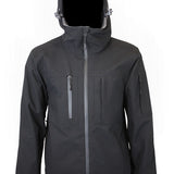 Black insulated jacket with adjustable hood and full-zip front