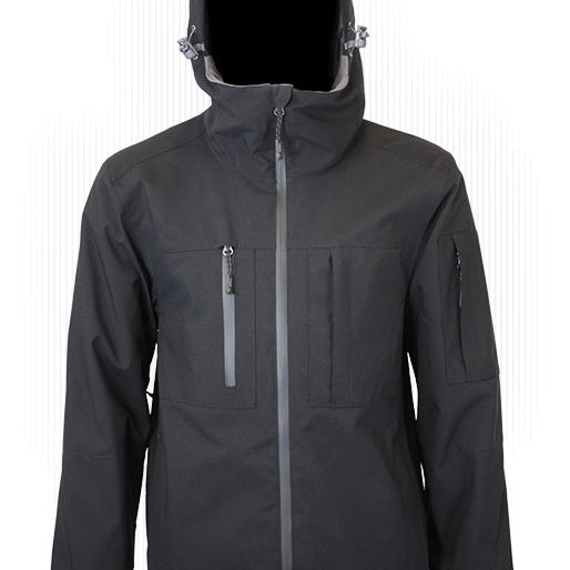Black insulated jacket with adjustable hood and full-zip front