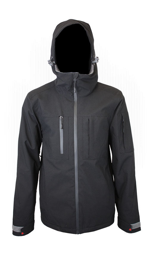 Black insulated jacket with adjustable hood and full-zip front