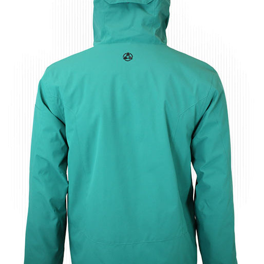 Teal insulated jacket with hood, back view
