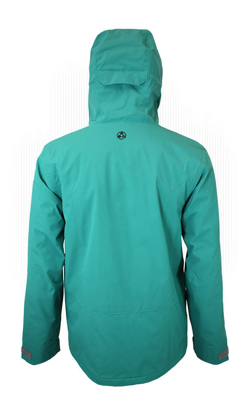 Teal insulated jacket with hood, back view