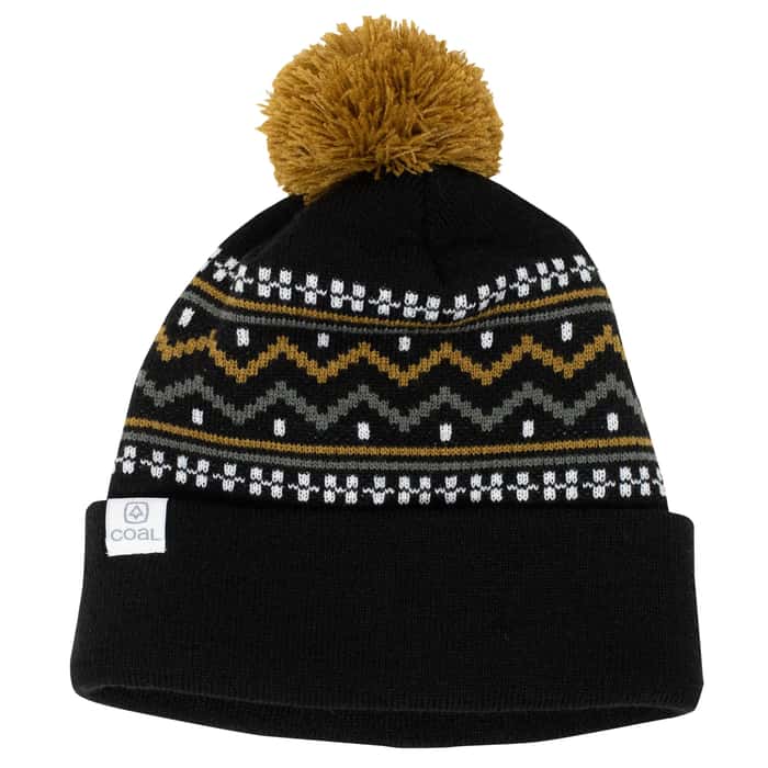 FJORD NORDIC POM BEANIE 2024 - Beanie with a pom-pom on top, featuring a Nordic pattern in shades of gray and yellow.