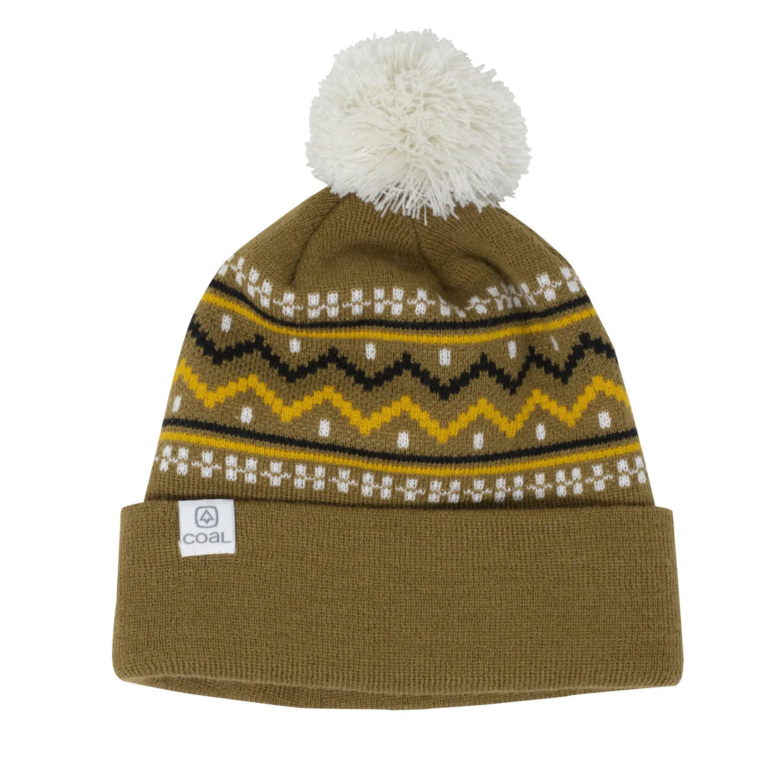 Fjord Nordic Pom Beanie - A brown beanie with a white pom-pom on top and a repeating pattern of yellow, black, and white zigzags around the middle.