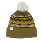 Fjord Nordic Pom Beanie - A brown beanie with a white pom-pom on top and a repeating pattern of yellow, black, and white zigzags around the middle.