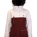 Turbine Women's Powday Insulated Jacket 2025 - A burgundy and white insulated jacket with a fur-lined hood, featuring two zippered pockets on the front.