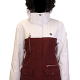 Turbine Women's Powday Insulated Jacket 2025 - A burgundy and white insulated jacket with a fur-lined hood, featuring two zippered pockets on the front.