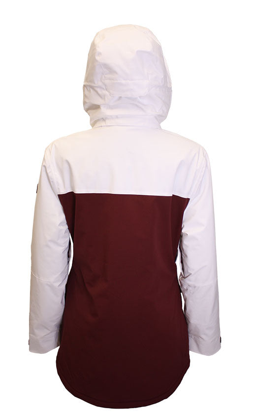 Turbine Women's Powday Insulated Jacket - A white and maroon jacket with a hood, featuring a solid color design on the back.