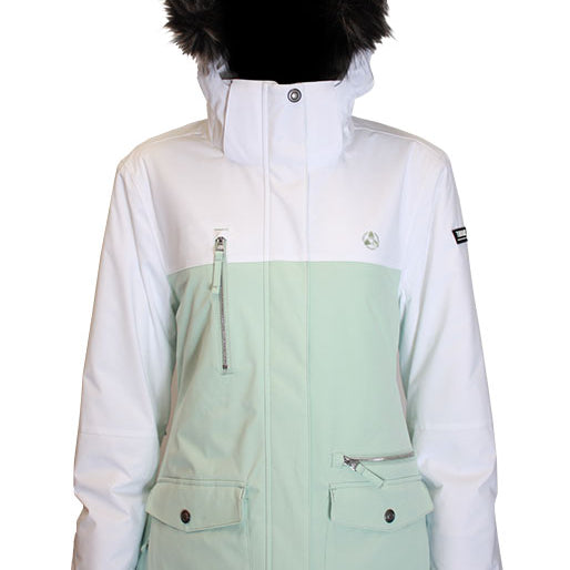 Turbine Women's Powday Insulated Jacket 2025 - A black and white jacket with a fur-lined hood, featuring two zippered pockets on the chest.