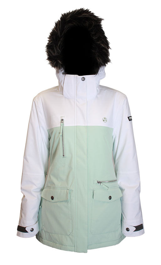 Turbine Women's Powday Insulated Jacket 2025 - A black and white jacket with a fur-lined hood, featuring two zippered pockets on the chest.