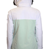Turbine Women's Powday Insulated Jacket 2025 - A white and mint green insulated jacket with a hood, featuring black faux fur trim on the hood.