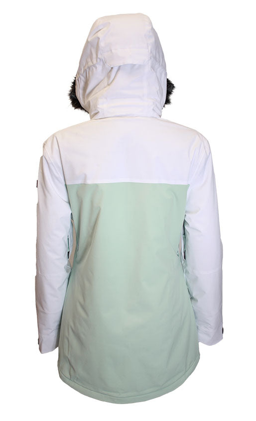 Turbine Women's Powday Insulated Jacket 2025 - A white and mint green insulated jacket with a hood, featuring black faux fur trim on the hood.