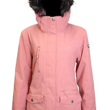 Turbine Women's Powday Insulated Jacket - A dusty rose-colored jacket with a black faux fur-lined hood, featuring two zippered pockets on the chest and one zippered pocket on the left arm.