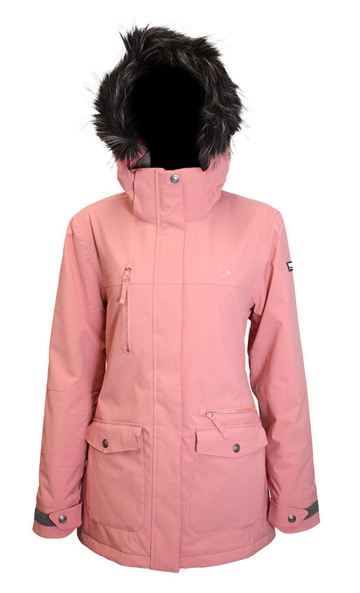 Turbine Women's Powday Insulated Jacket - A dusty rose-colored jacket with a black faux fur-lined hood, featuring two zippered pockets on the chest and one zippered pocket on the left arm.